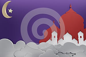 3d rendering of Red and White Mosque, Cloud, wall Purple and Ramadhan Theme