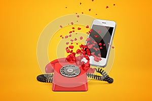 3d rendering of red wireline phone breaking in pieces and white modern smartphone behind it on amber background.