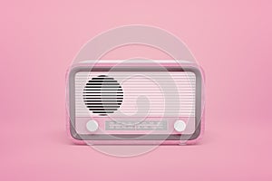 3d rendering of retro pink and white radio standing on pink background.