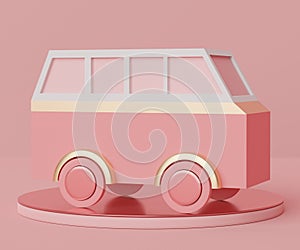 3d rendering of retro van car in cartoon style that show on stage podium with coral reef color