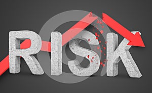 3d rendering of `Risk` lettering with red broken arrow on black background