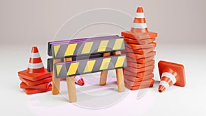 3D rendering of road barrier with traffic cone, under construction icon, warning and stop sign, road construction, Caution sign