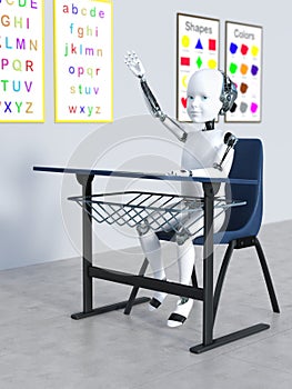 3D rendering of a robot child in a classroom nr 2