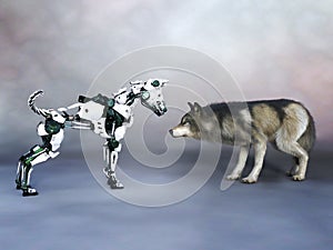 3D rendering of a robot dog meeting a wolf