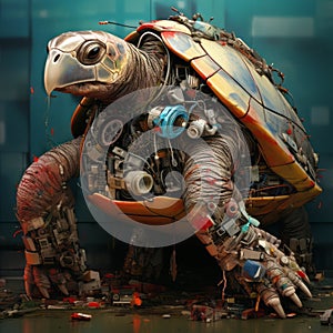 3D rendering of a robot in the form of a turtle on the verge of extinction in a polluted environment.