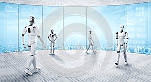 3D rendering robot humanoid working in future office interior