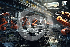 3d rendering robotic arms working in a factory. Automotive industry concept, robotic car production line, AI Generated