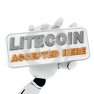 3d rendering of robotic hand hold a plate with text of litecoin