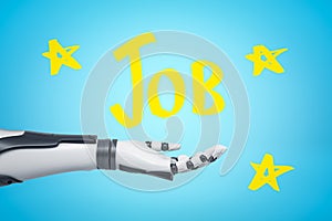 3d rendering of robotic hand with yellow`Job` sign on blue background