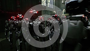 3d rendering of robotics army, industrial group of cyborg machines on factory background. Futuristic AI robotic team