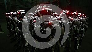 3d rendering of robotics army, industrial group of cyborg machines on factory background. Futuristic AI robotic team