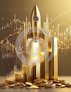 3d rendering of a rocket representing prosperity surrounded by gold bars and coins