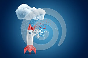 3d rendering of rocket standing under raining cloud and starting to dissolve in pieces, on blue background with copy