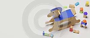 3D rendering, rocking horse, toys, stuffs, playthings and copy space on white background