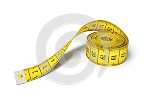 3d rendering of a roll of a yellow measuring tape on a white background.