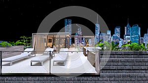 3D rendering of the rooftop terrace with night view