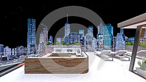 3D rendering of the rooftop terrace with night view