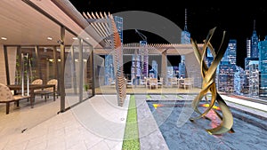 3D rendering of the rooftop terrace with night view