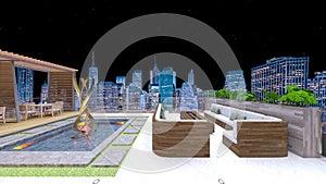 3D rendering of the rooftop terrace with night view