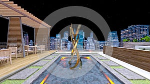 3D rendering of the rooftop terrace with night view