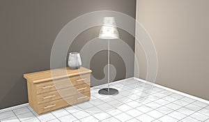 3D rendering of room with floor lamp and chest of drawers