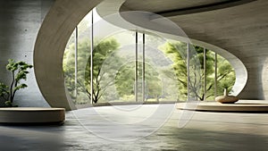 A 3D rendering of a room with a large window overlooking a forest.