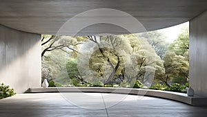 A 3D rendering of a room with a large window overlooking a forest.