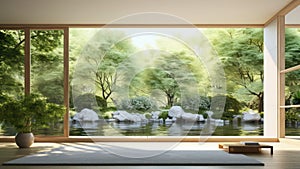 3D Rendering of a room with a large window overlooking a pond.