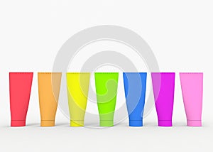 3d rendering. row of colorful tube of cream or gel on copy space background