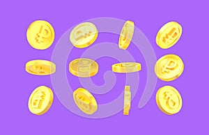 3d rendering rubbles Coins. Golden coin with ruble sign floating and isolated on violet background.360 degrees rotation