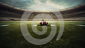 3D rendering of a rugby ball on the field in a stadium