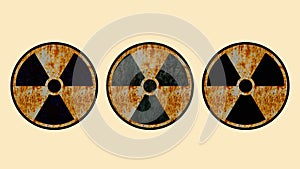 3D rendering of rusty danger radiation sign Icon set, nuclear power station and radioactive warning symbol on color background,