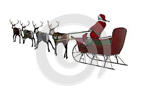 3D rendering of Santa Claus flying in his sleigh pulled by reind