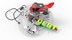 3D rendering - saw blade slashing debt concept