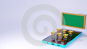 3D Rendering of school desk on mobile phone and blackboard isolated white background and have space for text input area. Education