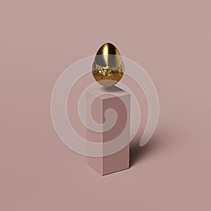 3D rendering of a sculpture made of gold, an egg carved from a disc levitates above a stand on a pink background