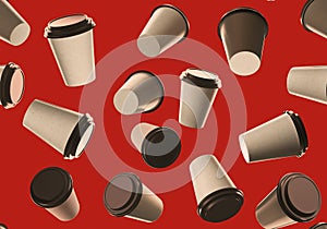 3d rendering seamless pattern with to go coffee cups.