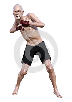 3D Rendering Senior Man Boxing on White