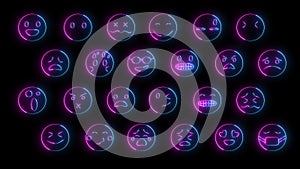 3D rendering of a set of 24 emoji with glow effects. Neon emotional signs