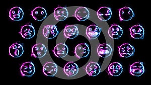 3D rendering of a set of 24 emoji with glow effects. Neon emotional signs