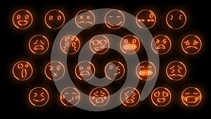 3D rendering of a set of 24 emoji with glow effects. Neon emotional signs