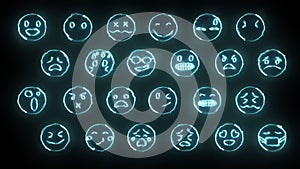 3D rendering of a set of 24 emoji with glow effects. Neon emotional signs