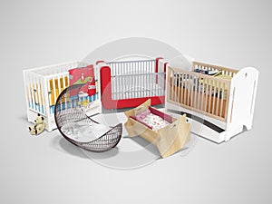 3d rendering set of cribs for baby on gray background with shadow