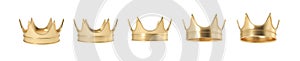 3d rendering of set of golden royal crown isolated on a white background.