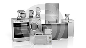 3d rendering set of household appliances on white background