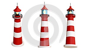 3D rendering of a set of lighthouses collection, nautical navigation light tower, beacon and light symbol, marine seaside