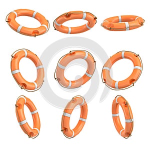 3d rendering of a set of orange life buoys hanging over a white background in different angles.