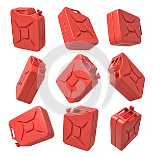 3d rendering of set of red gas cans isolated on white background.