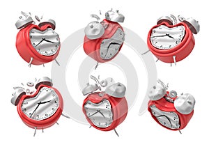 3d rendering of a set of six red broken alarm clocks isolated on white backround.