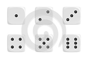 3d rendering of a set of six white dice in front view with black dots showing different numbers.